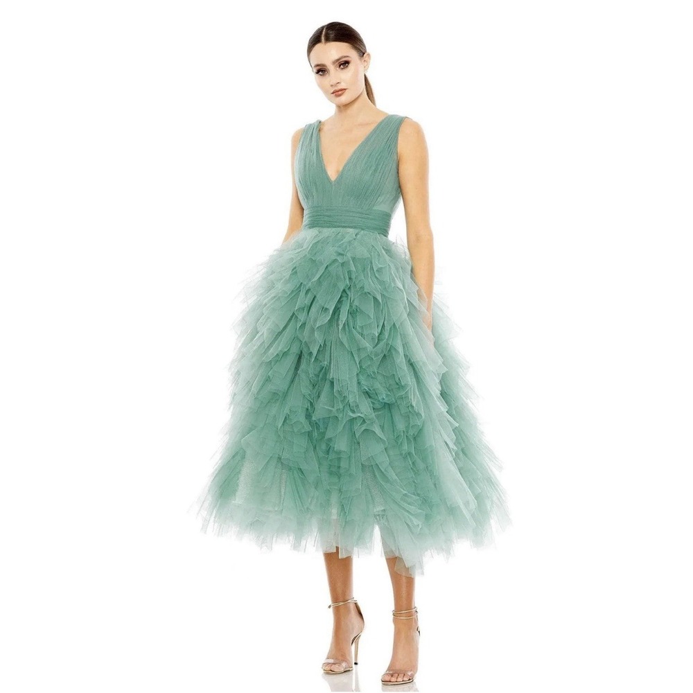 Mac Duggal 20411 Jade Green Tiered Ruffle Tulle Midi Dress Size 4 $598 - Picture 1 of 10